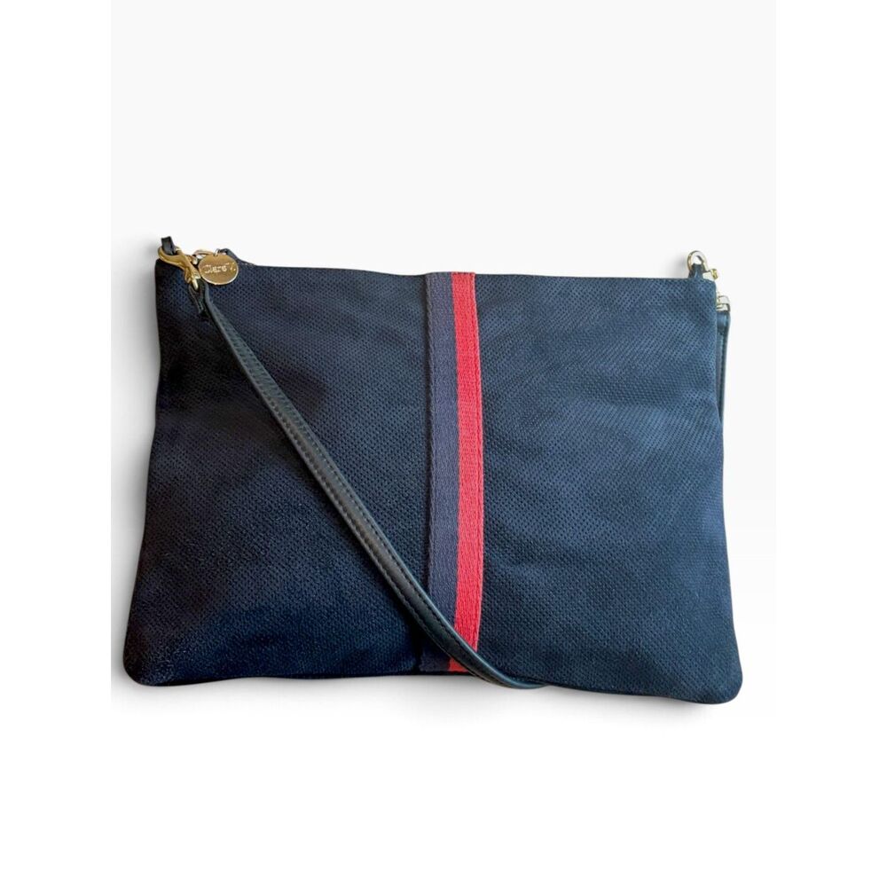 Clare V. Sac Bretelle Navy Perforated Suede Crossbody Clutch Red Stripe